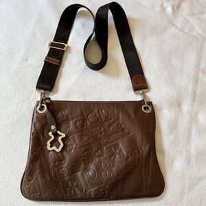 TOUS Brown Leather Crossbody Bag Purse Travel Adjustable Strap Logo